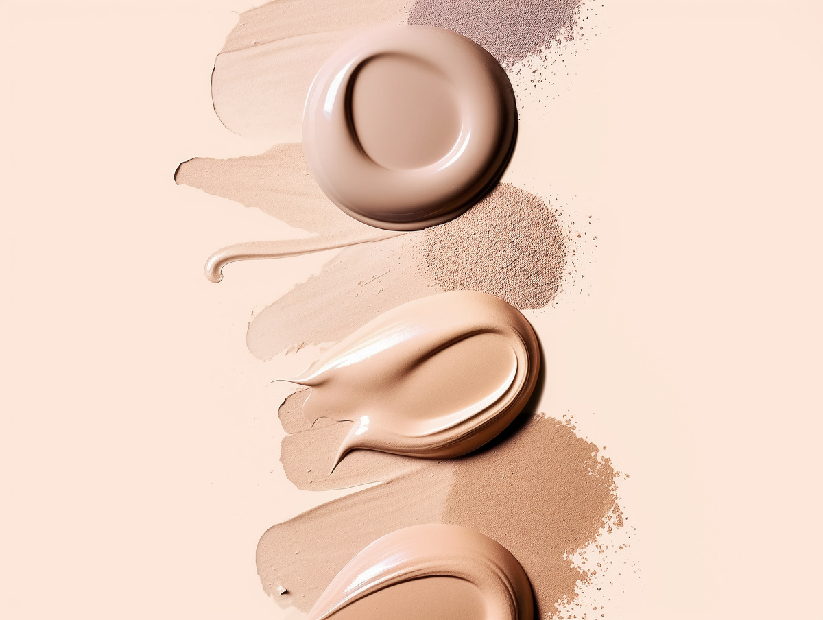 Composition with cosmetics swatch on a pastel beige background with skin concealer, foundation, face powder.